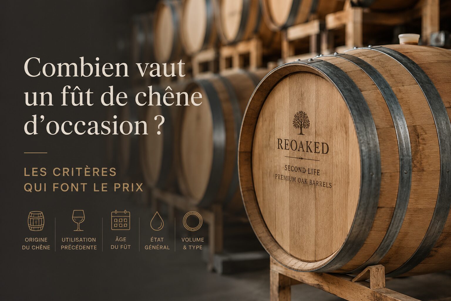 Fûts de chêne d'occasion dans un chai — les critères qui font le prix